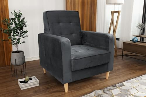 BEAUTY SOFA Bamako Sessel - Relaxsessel mit Armlehnen und Holzbeinen - Fernsehsessel - Polstersessel - für Wohnzimmer, Schlafzimmer - Sessel Wohnzimmer - Samt Anthrazit (Paros 06)