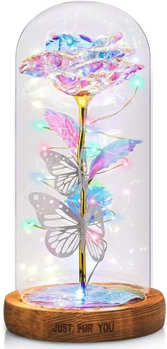 REWIAR Rose Eternelle sous Cloche Cadeau Femme - Rose eternelle avec Lumière LED - Saint Valentin Rose Galaxie de Lumineuses pour Elle, Fête des mères, Noël et Un Anniversaire (Couleur/Bois)