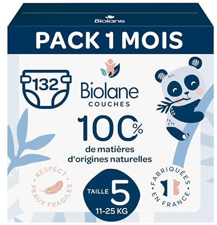 BIOLANE - Couches bébé taille 5 - (11-25 kg) - Peaux Sensibles - Ultra-Absorbant, Pas de Fuite, jusqu'à 12h au Sec - Confort & Protection - Pack 1 mois 132 couches - Fabriqué en France