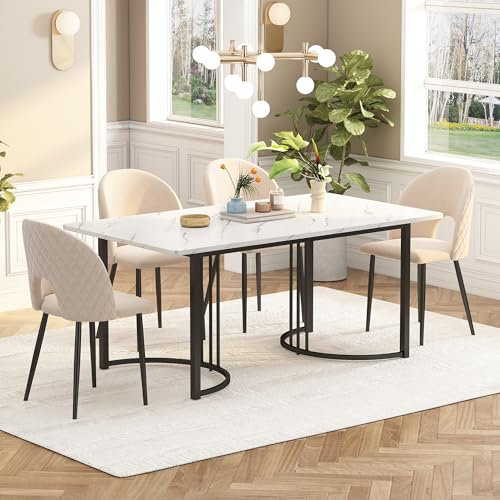 BXEYXE Essgruppe,(Set,140×80cm Esstisch mit 4 Stühlen), Moderner Küchentisch Set,Samt Esszimmerstuhl Mit Diamantmuster,Verstellbare Stuhlbeine,Beige Samt,MDF Tischplatte in Weißer,Schwarz Tischbeine