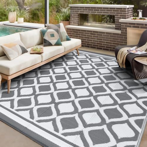 VK·LIVING Outdoor Teppich Wetterfest 120X180cm Kunststoff Stroh Reversible Garten Outdoorteppich Langlebig & UV Beständig Moderne Leichte Outdoor Matte für Balkon Terrassen Camping Hof RV Grau&Weiß