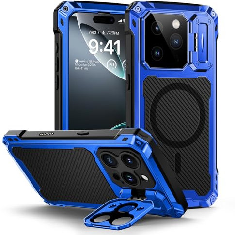 Lanhiem for iPhone 16 Pro Max Metal Case with Camera Cover & Stand [Compatible with MagSafe] [Built-in Kickstand] [Military-Grade Protection] Heavy Duty Rugged Magnetic Phone Case, Blue