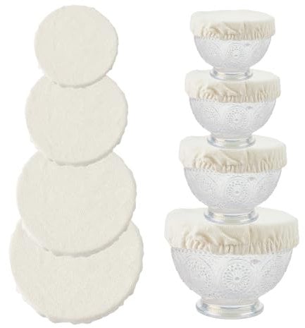 NICENEEDED 4 Pcs Linen Fabric Bowl Covers, Reusable Cloth Bowl Covers, Storage Covers Stretch Elastic Dish Covers Protectors Elasticated Bowl Caps for Fruits
