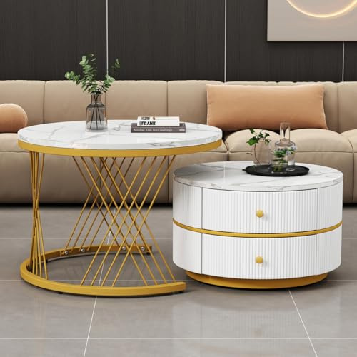 YEHTOKHOME Table Basse Ronde avec 2 tiroirs Table Basse gigogne Blanche, Table d'appoint pour Le Salon (B, Or+Blanc)