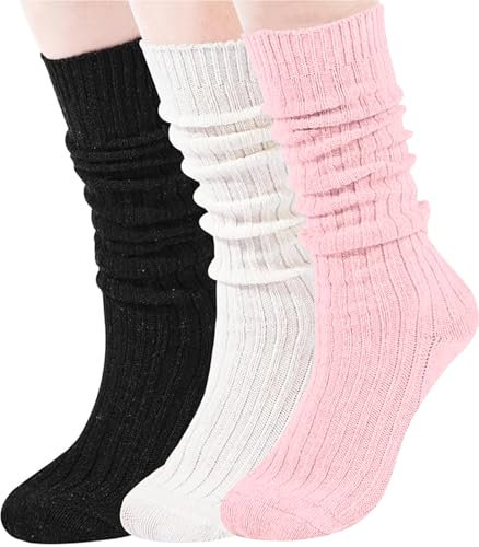 Moon Wood 3 Paar Slouch Socken Damen Winter Dicke Warme Kniestrümpfe Wollstrümpfe Stulpen Scrunch Socks Größe 35-38 39-42 (Schwarz Weiß Rosa)