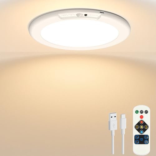ORYAR Rechargeable Motion Sensor Ceiling Light, Wireless Shower Lights Battery Operated Closet Light with Remote, 500LM 3 Color Temperatures, 0.55″ Ultra Thin Wall Lights for Bathroom Hallway Pantry