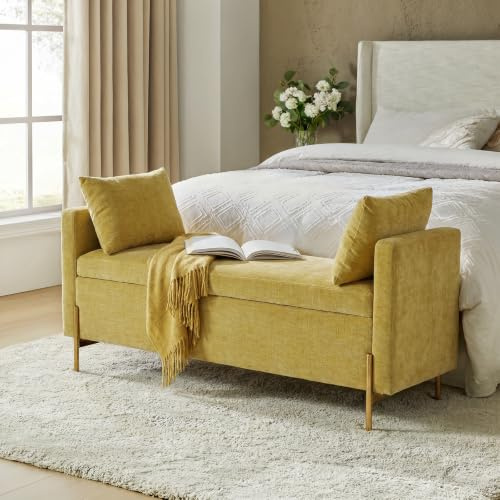HULALA HOME Storage Ottoman Bench for End of Bed with Metal Legs, Mustard | Upholstered Storage Bench with Hidden Divided Storage, Thick Foam Cushion and 2 Pillows for Bedroom, Living Room, Entryway