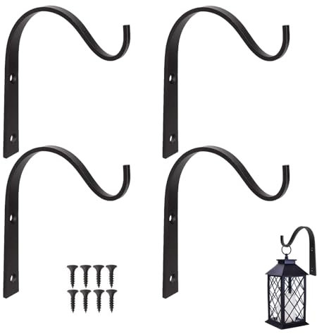 4 Pcs Garden Hooks,Hanging Basket Bracket Wall Hook Brackets Hanger Plant Hangers Wrought Iron Flower Baskets Fence Metal Heavy Duty Lantern Wooden Planter Crook Holder,for Plants Outdoor Pots Indoor