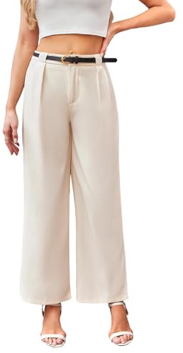 MakeMeChic Women's Work Pants Straight Leg Zip Fly Belted Business Casual Trousers Teacher Pants Beige Medium