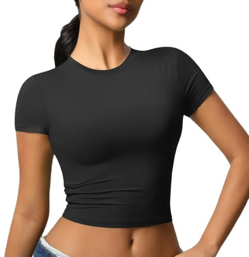 JTSONN Camiseta Deportiva de Manga Corta para Mujer Transpirable Camisa Funcional Camiseta para Correr Camisa de Compresión Cuello Redondo Yoga Fitness Workout Gym Running Crop Top