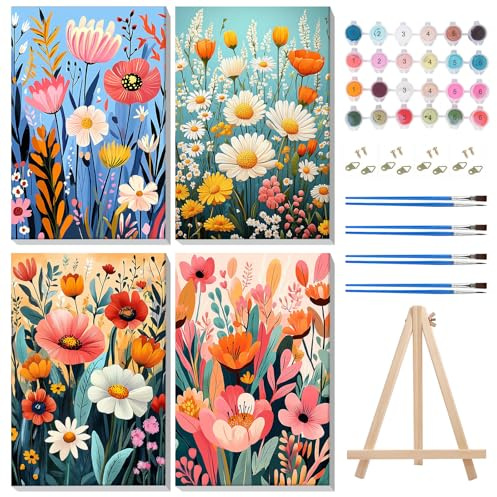 MISCER 4 Pièces Fleurs Peinture par Numéros pour Adultes Débutants, Coquelicot Peinture par Numéros pour Adultes Enfants, Décoration Murale