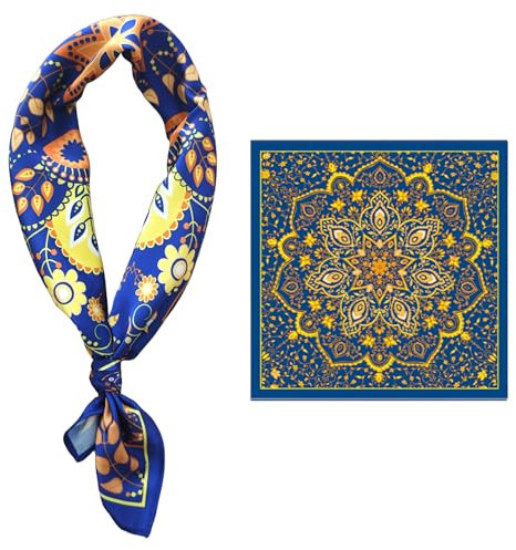 GIMIRO Männer simulierte Seidenschal 53x53cm Polyester-Satin Halstuch mit Mandala-Muster in Königsblau und Gold (Blue Orange Yellow Flowers JY)