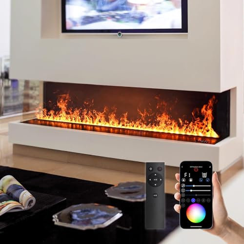 Chimenea Eléctrica de Vapor de Agua, Chimenea Eléctrica Empotrada con Efecto de Llama Realista 3D, Chimeneas Atomizadas, Chimenea Ultrafina de Acero Inoxidable con Control y App Móvil,70cm/27.6in