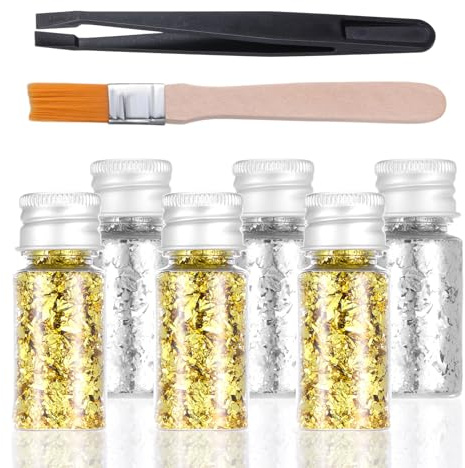 6 Flaschen Gebäck Blattgold Flocken Multifunktion Goldfolie Flocken Dessert Kuchengoldflocken Backen Blattgold Blätter Flockens Dekoration Nägel Backgoldfolienblätter mit Pinzette Pinsel für Kuchen