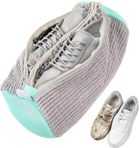 2-in-1 Shoe Washing Bag for Washing Machine – Dual Compartment Grey Laundry Bag, Reusable & Tear-Resistant for Trainers, Sneakers, Running Shoes (Wash 2 Shoes in 1 Bag)