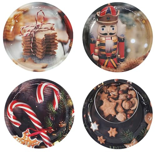 Annastore Gebäckteller Weihnachten 4er-Set – Ø 26 cm – Metallteller mit weihnachtlichen Motiven – Plätzchenteller für Kaffeetafel & Adventsdeko – Dekoteller für Kekse & Festtagsgebäck