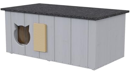 QLS Katzenhaus aus Holz mit Vorraum isoliert 86 x 47 cm Grau | Mit Hauptkammer, Vorraum, aufklappbarem Dach und 2 cm Styroporisolierung. Inklusive Sisal-Kratzbrett und Lamellenvorhang