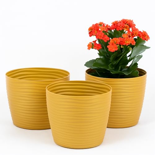 Home Garden Ornaments Plant Pots Indoor – Set of 3 Plastic Flower Pots, Unique Wave Design, No Drainage Holes, Indoor Plant Pot for Modern Home Décor (Mustard, 19cm / 7.5 inch)