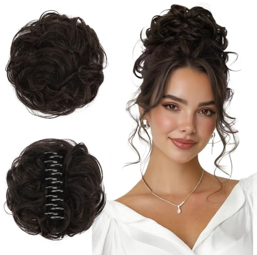 Sofeiyan Messy Bun Haarteil mit Klammer 100% Haarteile Echthaar Dutt Gewelltes Locken Clip in Claw Hair Scrunchies für Damen,Dunkelbraun & Hellbraun Zerzauste Echtes Haar Chignon