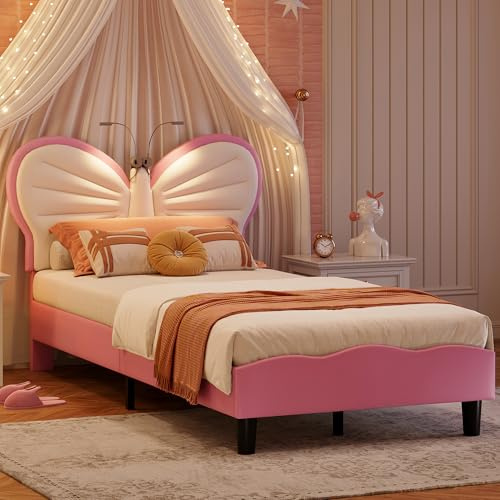 Kinderbett 90x200 cm, Rosa Prinzessinnenbett, Jugendbett mit LED-Beleuchtung, Verstellbares Schmetterlingsflügel Kopfteil und Lattenrost, Bettgestell aus PU-Leder für Schlafzimmer, ohne Matratze