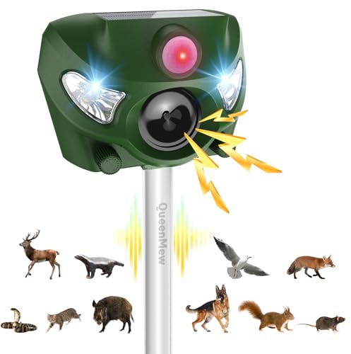 Repulsif Chat Exterieur, 5 Modes Repulsif Chat Ultrason, Repulsif Chat Exterieur Solaire de 26 Pieds avec Alarme Sonore et Lumières Flash pour Chien, Cerf, Renard, Lapin, Écureuil, Oiseau