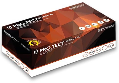 Unigloves PRO.TECT Orange HD GA0053 Nitrile Single Use - Ultra Heavyweight, Multipurpose Powder Free, Silicone Free Disposable Gloves, Box of 100 Gloves, Orange, Medium
