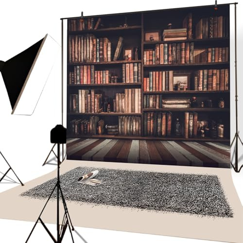 YongFoto 2,5x2,5m Foto Hintergrund Bücherregal Bücherregal Arbeitszimmer Bibliothek Bücher trübe Grunge Vintage Streifen Holzboden Innere Fotografie Hintergrund Photo Party Kinder Hochzeit Fotostudio