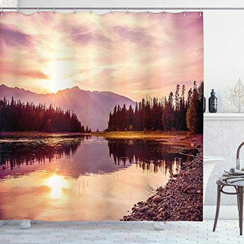 ABAKUHAUS Landschaft Duschvorhang, Jackson Lake in USA, Stoffliches Gewebe Badezimmerdekorationsset mit Haken, 175 x 180 cm, Hellgelb Pfirsich