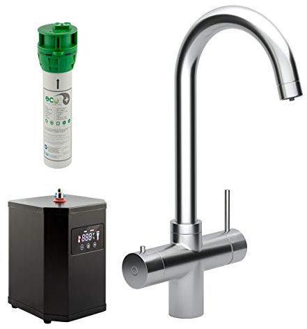 Bronte 3-in-1 Rounded Instant Boiling Water Mixer Tap in Brushed Steel Complete with Digital Tank and Filter