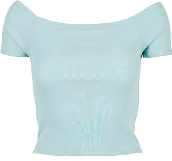Urban Classics Women's T-Shirt Ladies Off Shoulder Rib Tee Top for Women with Short Cut and Free Shoulders in Many Colours, Sizes XS - 5XL, Seablue, XXL