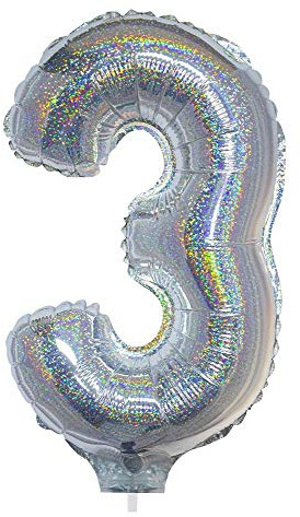 Zahlen Folienballon 41 cm mit Stab - Holografisch Silber Zahl 3