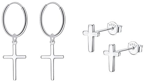 Bo Win 2 Paare 925 Sterling Silber Ohrringe Kreuz Creolen Silber Ohrstecker Kreuz Kreolen Durchmesser 14mm mit Kreuz Anhänger Ohrhänger Hängend Ohrringe Set Ohrringe für Damen Herren Mädchen