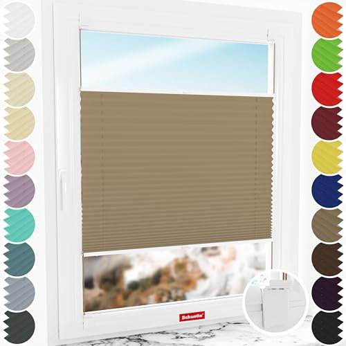 Schuette® Plissee ohne Bohren zum Kleben ● Premium Kollektion: Morning Coffee (Hellbraun) ● 45x200cm (Breite x Höhe) ● Suprafix Faltrollo Klebehalterung ● Bequeme Rollo Montage inkl. Video