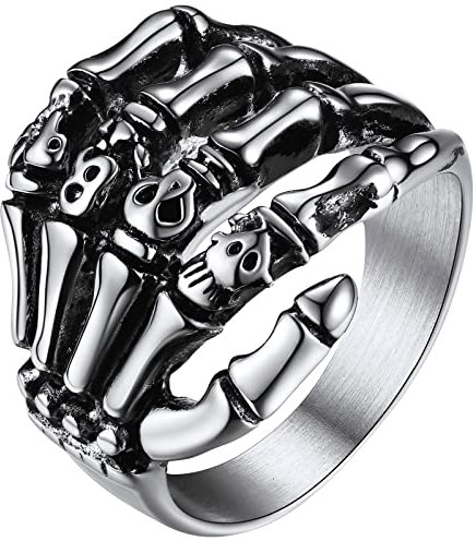 JewelryWe Schmuck Biker Herren-Ring Gotik Punk Totenkopf Schädel Skull Skelett Hand Edelstahl Ring Band mit Gravur Silber Größe 57