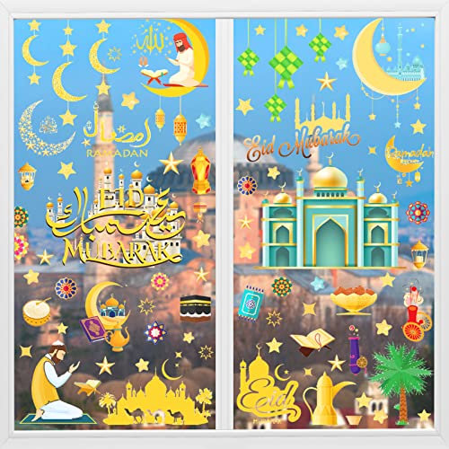 Shinybox Ramadan Fensteraufkleber, 9 Blätter Eid Ramadan Muslim Aufkleber, Ramadan Mubarak Fenstersticker, Stern Halbmond Fenstersticker Eid Mubarak Selbstklebend, Eid Mubarak Dekorationen(A)