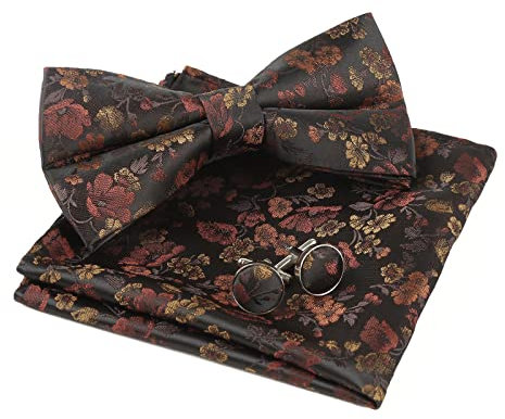 Alizeal Herren Paisley Fliege, Einstecktuch und Manschettenknöpfe Set, 006 - Schwarz + Burgunderrot + Orange, Einheitsgröße