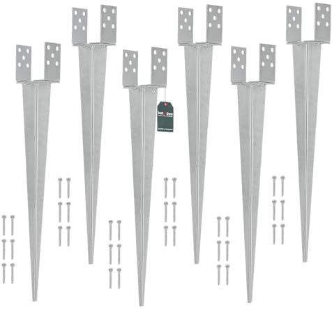 KOTARBAU® 6er Set Pfostenträger 0 – 120 mm Verstellbar Feuerverzinkt Einschlaghülse Pfostenträger Bodenhülse Einschlagbodenhülse Pfosten Anker Stahl Silber