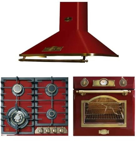Kaiser Juego de cocina de gas EH 6355 RotEm + KCG 6335 RotEm + A 6315 rojo burdeos, retro, empotrable, campana extractora KCG 6335 rojo + A 6315 rojo, cristal burdeos, retro empotrable, campana