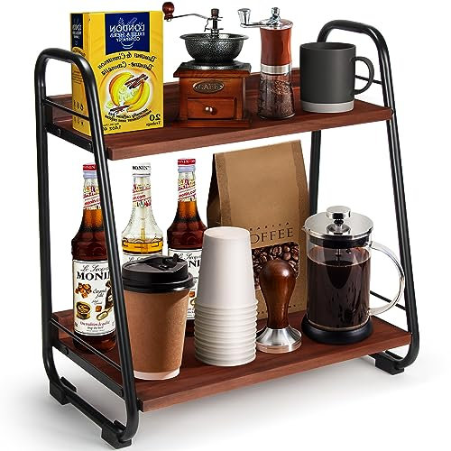 FLUFFYTREE Coffee Bar Accessories Countertop Organizer, 2 Tier Coffee Station Organizer Accessories Shelf for Bathroom, Kitchen (Brown)