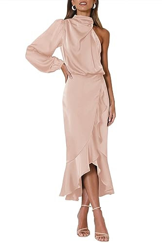 MITILLY Women's Satin Formal One-Shoulder Mock Neck Long Sleeve Bodycon Wrap Mermaid Hem Cocktail Party Maxi Dress New, Rose Gold, M