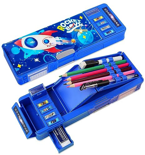 LilyBeauty Pop Up Multifunktions-Etui für Mädchen und Jungen, niedliche Cartoon Pen Box Organizer Schreibwaren, Anspitzer, Zeitplan, Whiteboard, Schulbedarf, Rakete