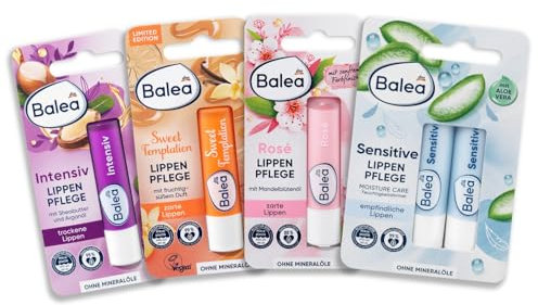 Balea Lippenpflege Set mit 5 Lippenpflegestifte, 4 verschiedene Lippenbalsam Probierpaket Geschenkset, Senstitive, Intensiv, Rosé, Sweet Temptation Pflegestifte