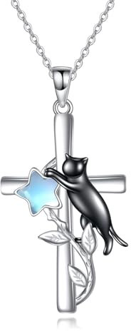 YFN Halskette Schwarze Katze Sterling Silber Anhänger Katze Kette Mond Schmuck Geschenke für Damen Mädchen Mutter Tochter Schwester (Kreuz)