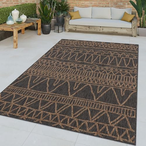 TT Home In-& Outdoor Teppich Wohnzimmer Wetterfest Balkon Flachgewebe Ethno Motiv, Farbe:Grau Beige, Größe:200x280 cm