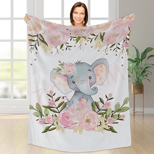 ZQYMM Personalisierte Babydecke mit Namen Personalisierte Decke mit Namen Kinderdecke Namensdecke Tier Elefant Individuelle Baby Decke für Geburtstag, Geschenke