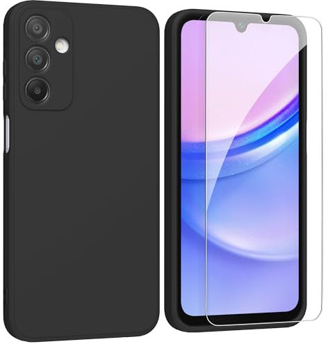 ARRYNN Custodia per Samsung Galaxy A15 4G / 5G (6,5) Cover + Pellicola Protettiva Vetro Temperato,Liquid Silicone TPU Case Cover per Samsung Galaxy A15 4G / 5G - Nero
