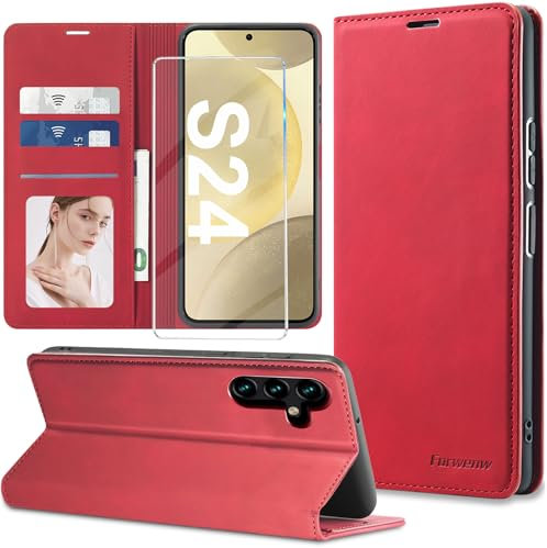 2024 Neu Handyhülle für Samsung Galaxy S24 Hülle Leder mit Schutzfolie [3 Kartenfächer] Klapphülle für Samsung Galaxy S24 5G Hülle Leder Wallet Klappbar Stoßfest Cover Case für Samsung S24 5G Hülle