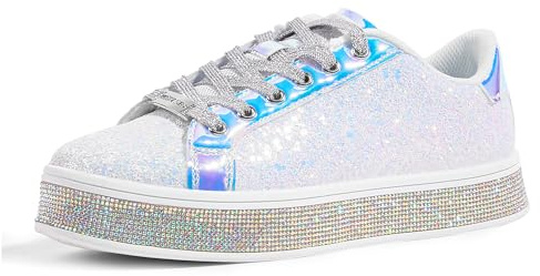 LUCKY STEP Women's Platform Glitter Sneakers | Sparkly Bling Shiny Dressy Bedazzled Wedding Bridal Fashion Walking Shoes (White, 10US-41EU-8UK)