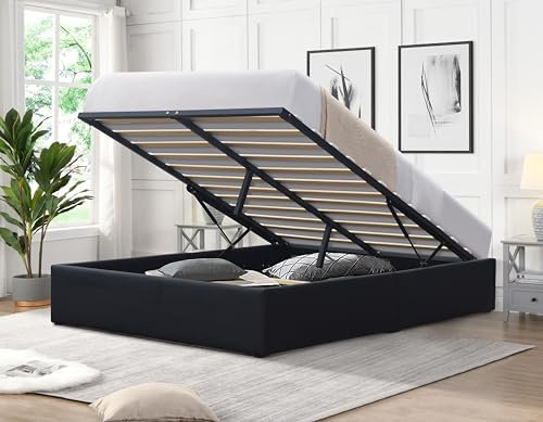 Solide Lit Coffrer Noir + Pieds pour Matelas 140x200 cm - 14 Lattes - Loris - Montage Rapide et Facile - revetement PVC Simili Facile d'entretien