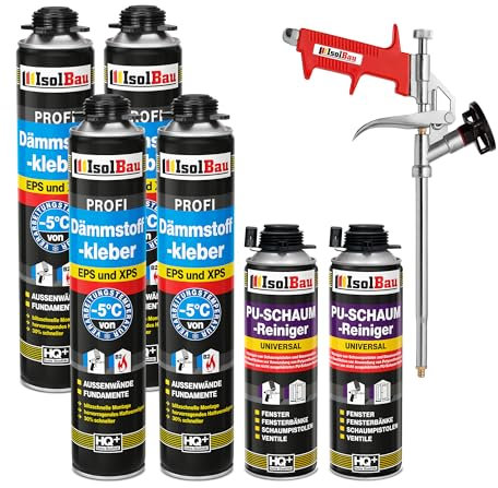 Isolbau B2 Lot de 4 tubes de colle périmétrique de 750 ml, 2 nettoyants en mousse de polyuréthane et 1 pistolet à mousse pour panneaux EPS et XPS – Mousse adhésive en polyuréthane 1K pour isolation et